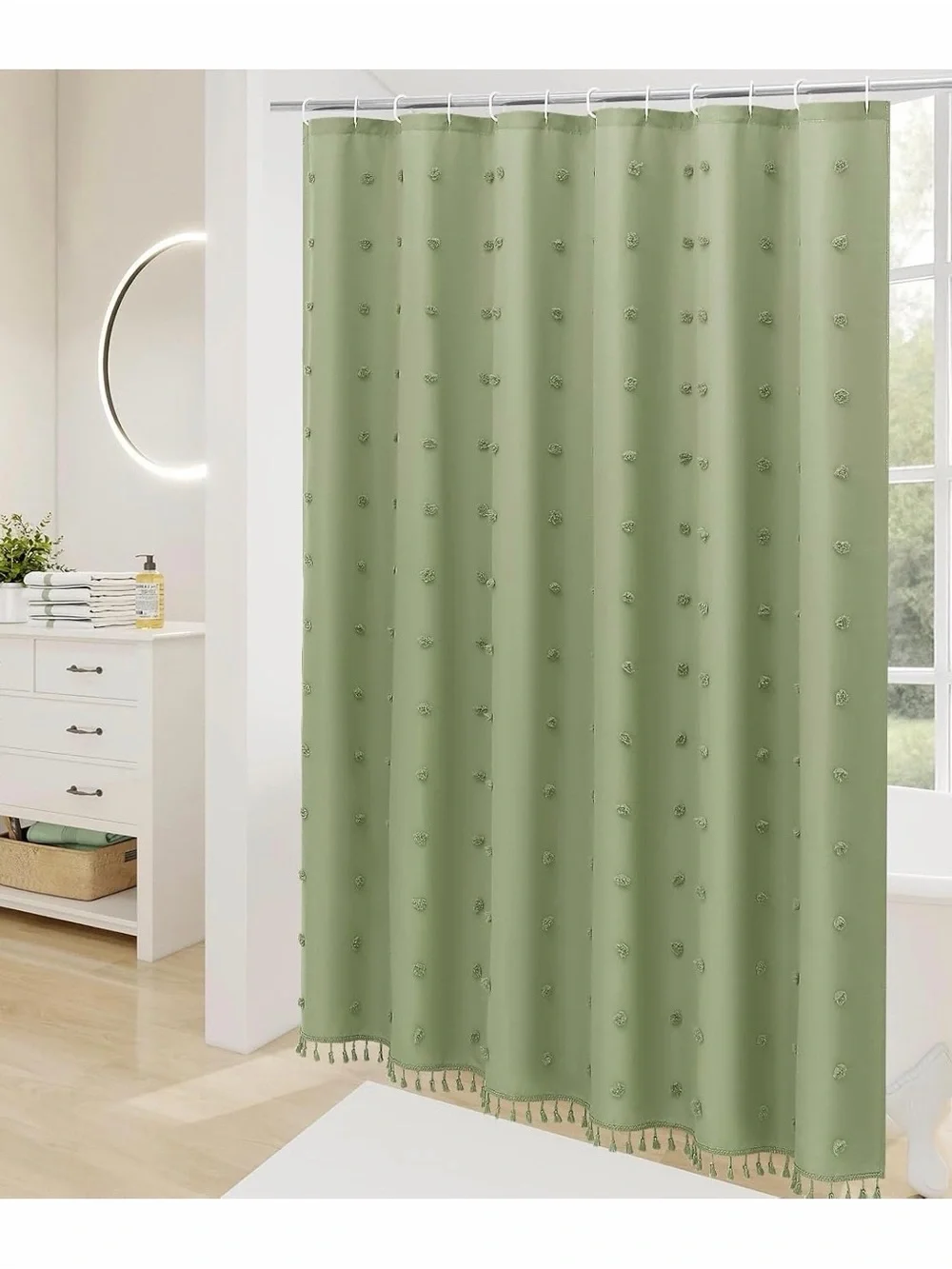 Washable cloth shower curtain. Sage Boho style with tassels. Bathroom home decor